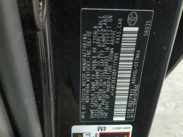 4T4BF3EK3BR117989 - 2011 TOYOTA CAMRY BASE BLACK photo 10