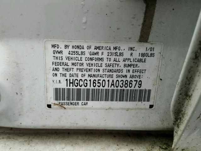 1HGCG16501A038679 - 2001 HONDA ACCORD EX 白色 照片 10
