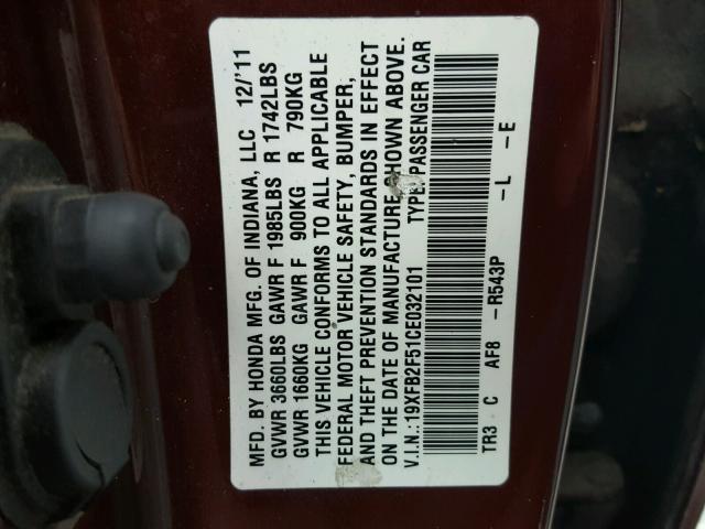 19XFB2F51CE032101 - 2012 HONDA CIVIC LX BURGUNDY photo 10