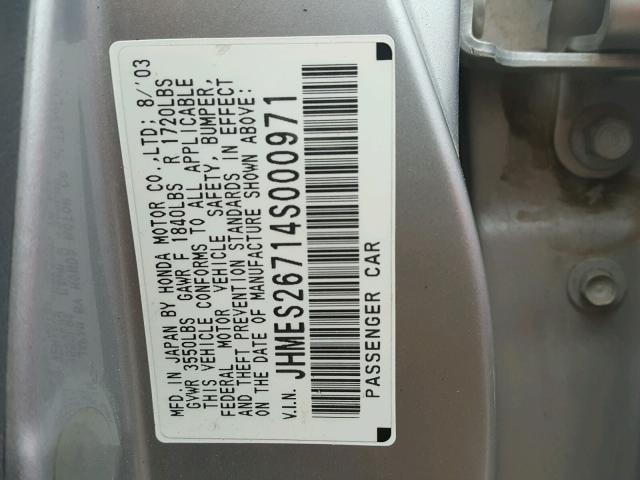 JHMES26714S000971 - 2004 HONDA CIVIC EX SILVER photo 10