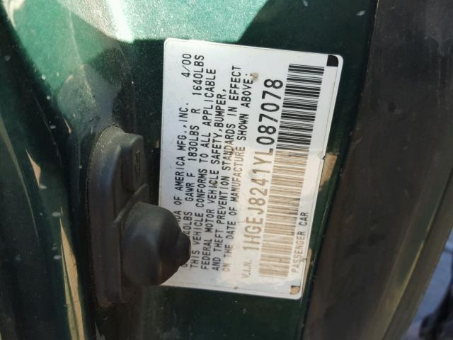 1HGEJ8241YL087078 - 2000 HONDA CIVIC EX მწვანე ფოტო 10