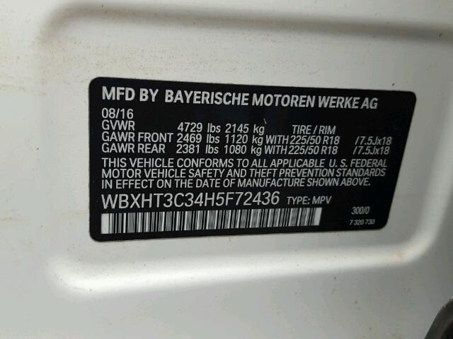 WBXHT3C34H5F72436 - 2017 BMW X1 XDRIVE2 WHITE photo 10