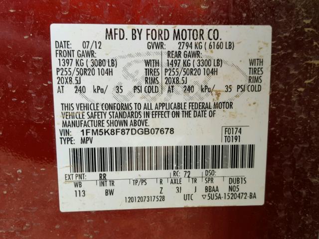 1FM5K8F87DGB07678 - 2013 FORD EXPLORER L RED photo 10