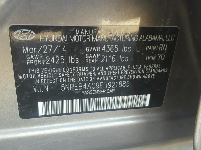 5NPEB4AC9EH921885 - 2014 HYUNDAI SONATA GLS GRAY photo 10