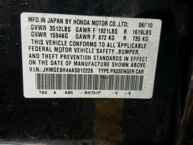 JHMGE8H44AS012226 - 2010 HONDA FIT SPORT BLACK photo 10