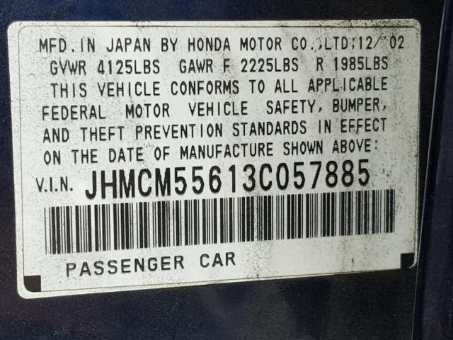 JHMCM55613C057885 - 2003 HONDA ACCORD EX BLUE photo 10