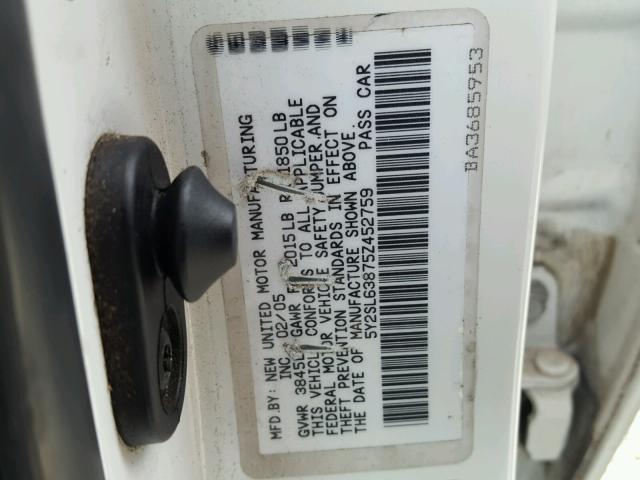 5Y2SL63875Z452759 - 2005 PONTIAC VIBE WHITE photo 10