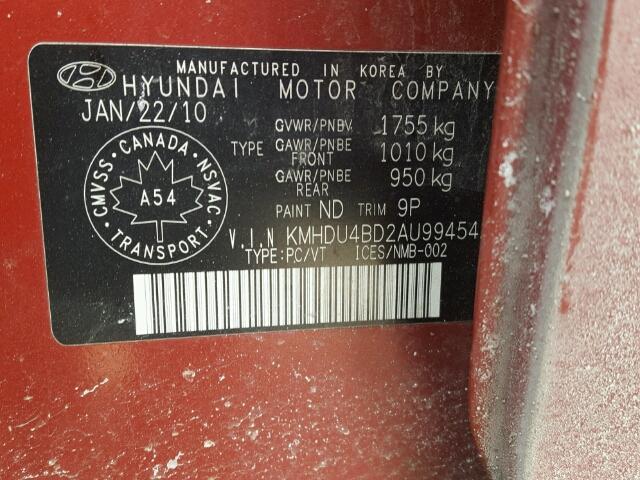 KMHDU4BD2AU994542 - 2010 HYUNDAI ELANTRA BL RED photo 10