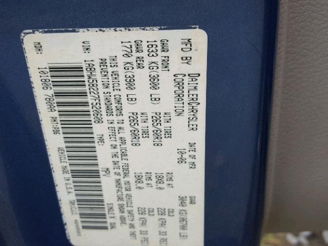 1A8HW58227F520608 - 2007 CHRYSLER ASPEN LIMI BLUE photo 10