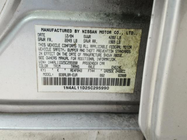 1N4AL11D25C295990 - 2005 NISSAN ALTIMA S GRAY photo 10