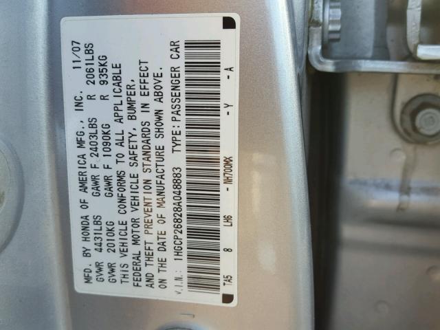 1HGCP26828A048883 - 2008 HONDA ACCORD EXL SILVER photo 10