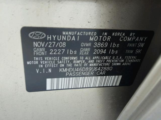 KMHDU46D89U642880 - 2009 HYUNDAI ELANTRA GL TAN photo 10