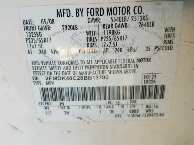 2FMDK48C28BB13780 - 2008 FORD EDGE SEL WHITE photo 10