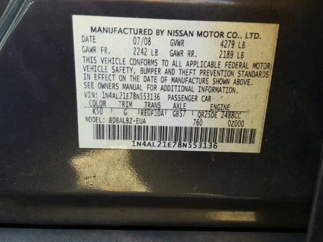 1N4AL21E78N553136 - 2008 NISSAN ALTIMA 2.5 GRAY photo 10