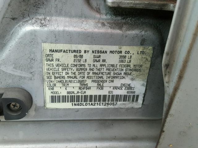 1N4DL01A21C126057 - 2001 NISSAN ALTIMA GXE SILVER photo 10