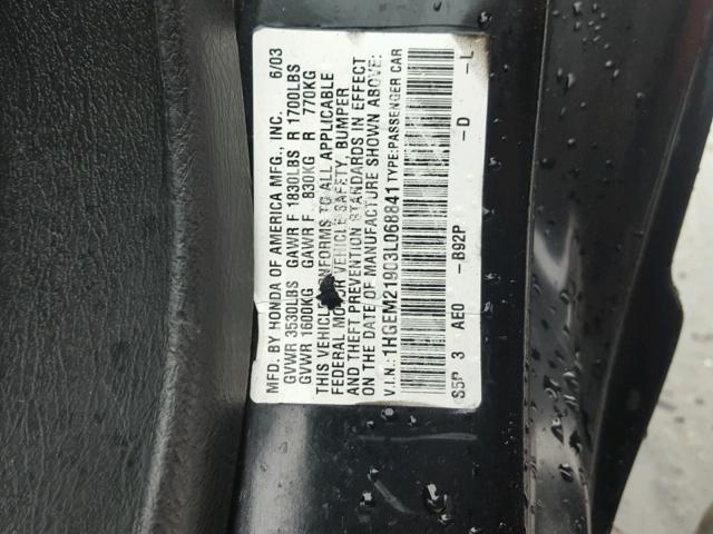 1HGEM21903L068841 - 2003 HONDA CIVIC EX BLACK photo 10