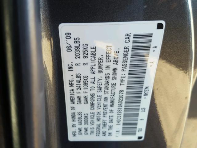 1HGCS12819A022078 - 2009 HONDA ACCORD EXL GRAY photo 10