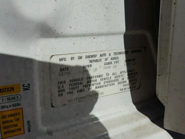 KL1TD56677B127795 - 2007 CHEVROLET AVEO BASE WHITE photo 10