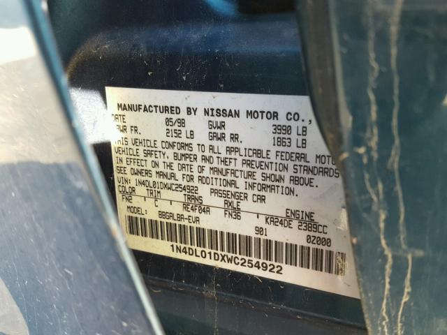1N4DL01DXWC254922 - 1998 NISSAN ALTIMA XE GREEN photo 10