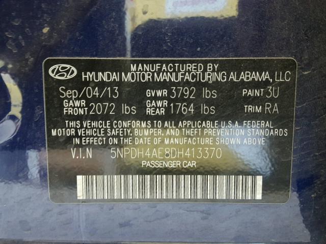 5NPDH4AE8DH413370 - 2013 HYUNDAI ELANTRA GL BLUE photo 10