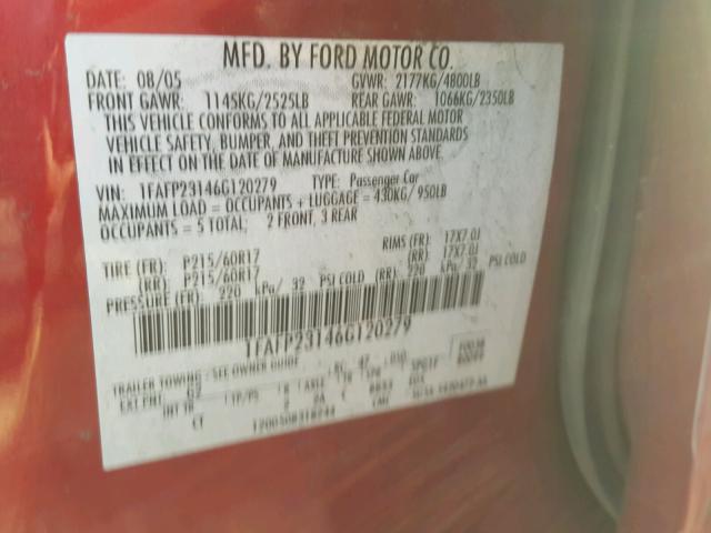 1FAFP23146G120279 - 2006 FORD FIVE HUNDR RED photo 10