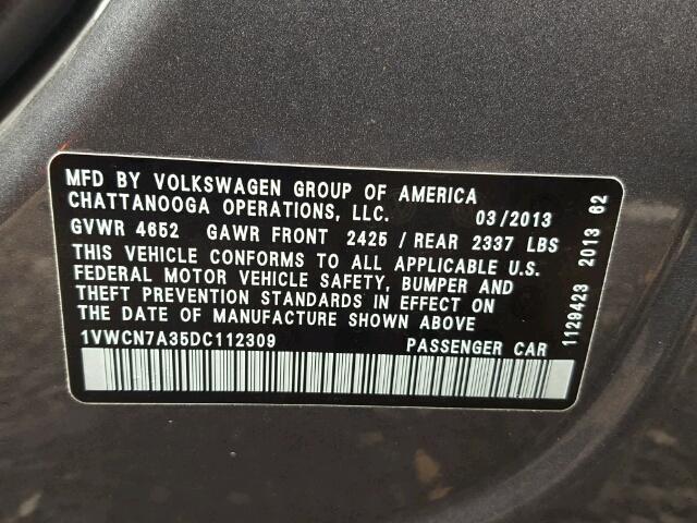 1VWCN7A35DC112309 - 2013 VOLKSWAGEN PASSAT SEL GRAY photo 10