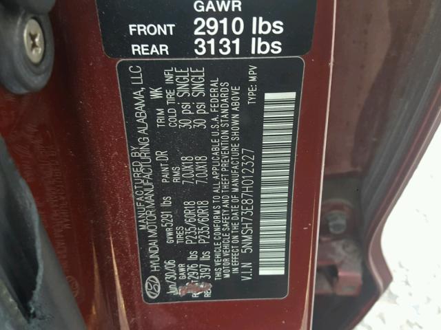 5NMSH73E87H012327 - 2007 HYUNDAI SANTA FE S MAROON photo 10