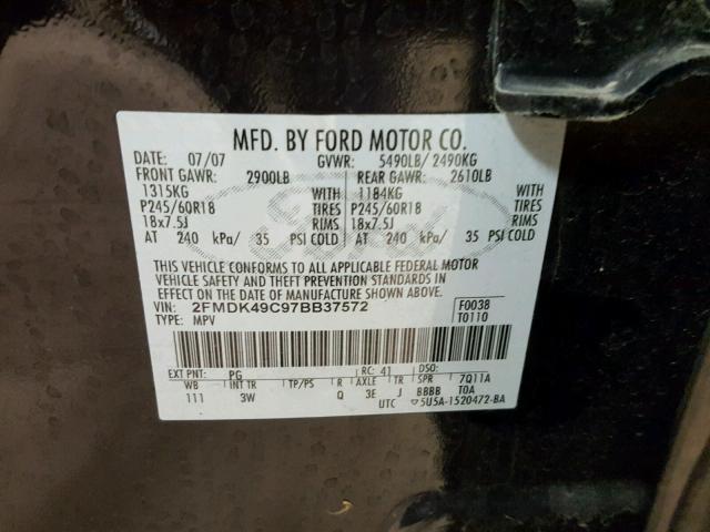 2FMDK49C97BB37572 - 2007 FORD EDGE SEL P PURPLE photo 10