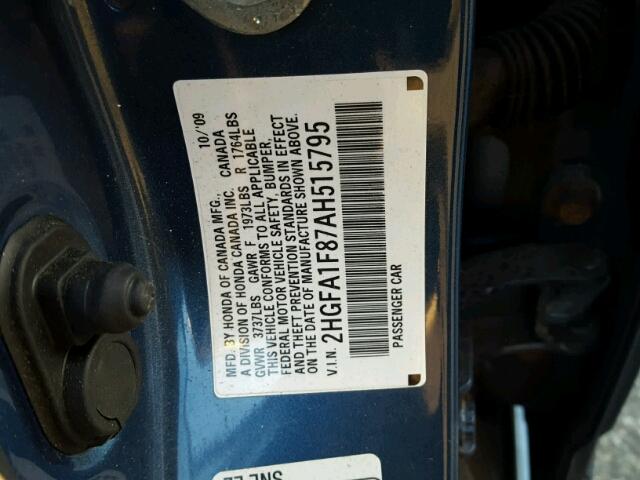 2HGFA1F87AH515795 - 2010 HONDA CIVIC EX BLUE photo 10