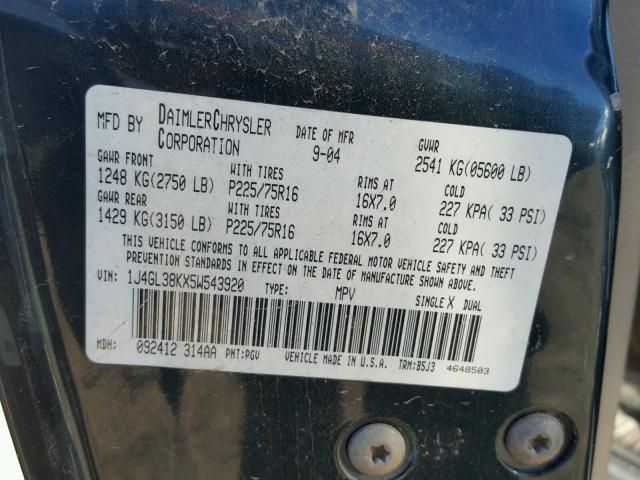 1J4GL38KX5W543920 - 2005 JEEP LIBERTY RE GREEN photo 10