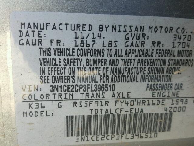 3N1CE2CP3FL396510 - 2015 NISSAN VERSA NOTE GRAY photo 10