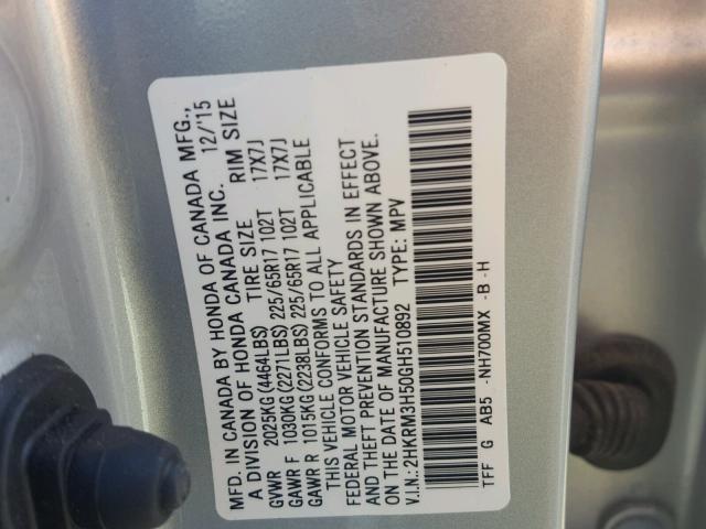 2HKRM3H50GH510892 - 2016 HONDA CR-V EX SILVER photo 10