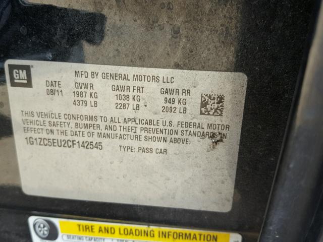 1G1ZC5EU2CF142545 - 2012 CHEVROLET MALIBU 1LT 黑色 照片 10