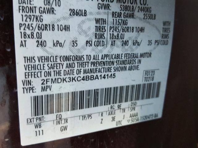 2FMDK3KC4BBA14145 - 2011 FORD EDGE LIMIT MAROON photo 10