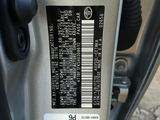 4T1BF1FK5HU308612 - 2017 TOYOTA CAMRY LE 灰色 照片 10