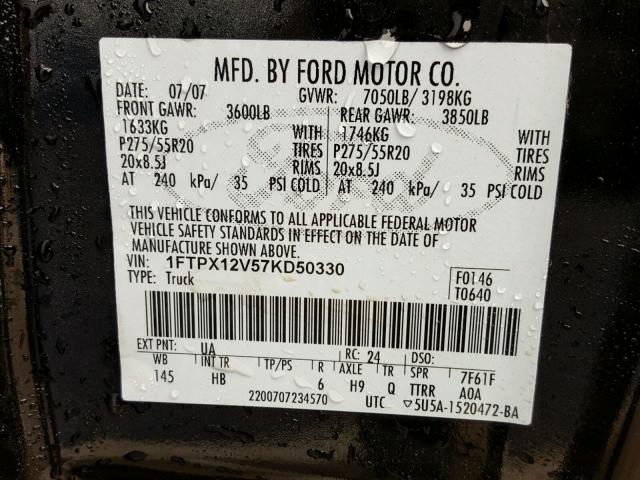 1FTPX12V57KD50330 - 2007 FORD F150 BLACK photo 10