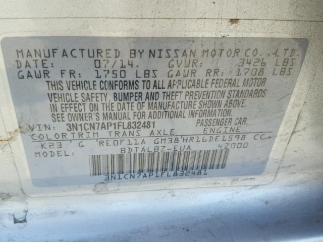 3N1CN7AP1FL832481 - 2015 NISSAN VERSA S SILVER photo 10