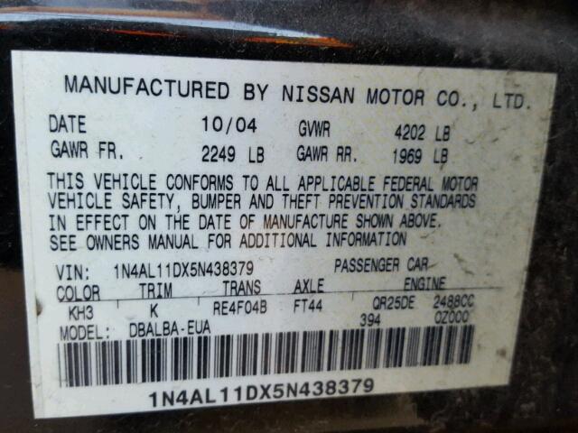 1N4AL11DX5N438379 - 2005 NISSAN ALTIMA S BLACK photo 10