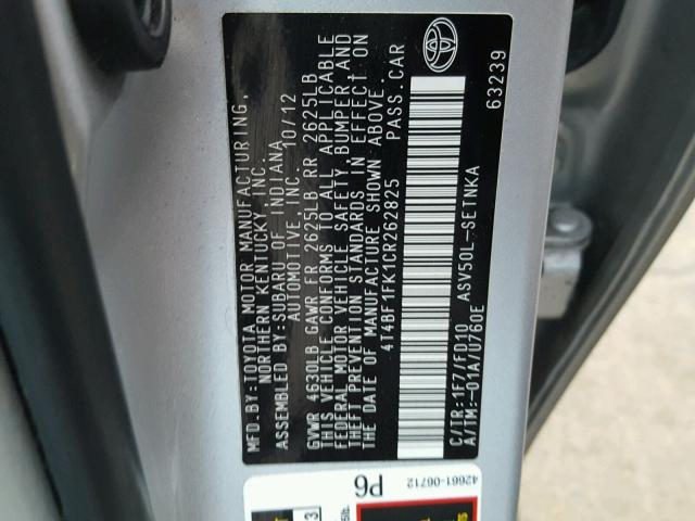 4T4BF1FK1CR262825 - 2012 TOYOTA CAMRY BASE SILVER photo 10