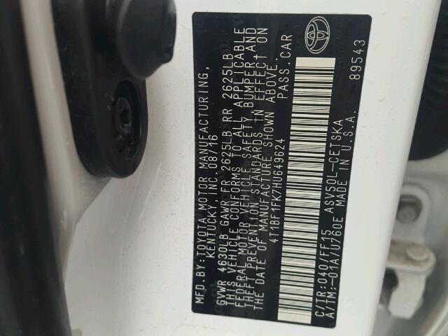 4T1BF1FK7HU649624 - 2017 TOYOTA CAMRY LE 白色 照片 10