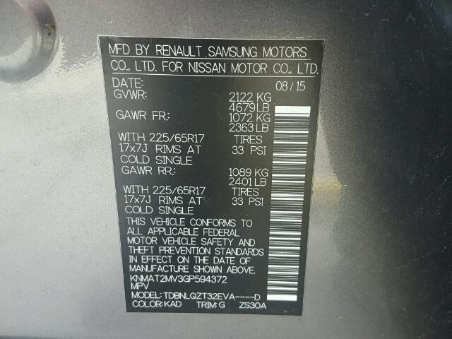 KNMAT2MV3GP594372 - 2016 NISSAN ROGUE S GRAY photo 10