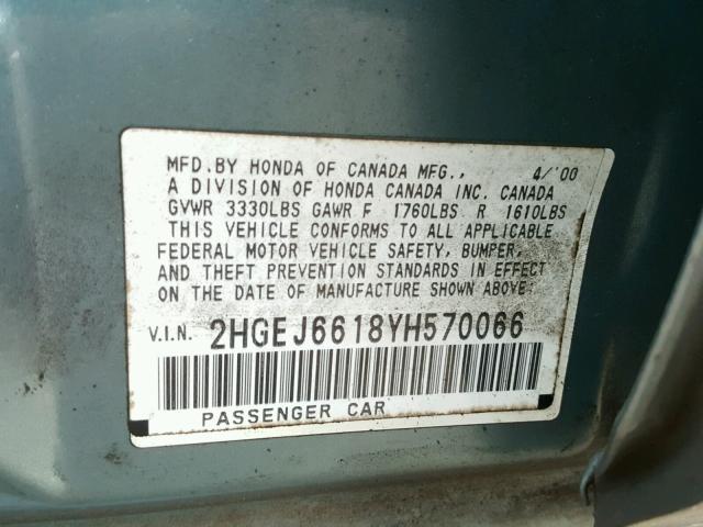 2HGEJ6618YH570066 - 2000 HONDA CIVIC BASE GREEN photo 10