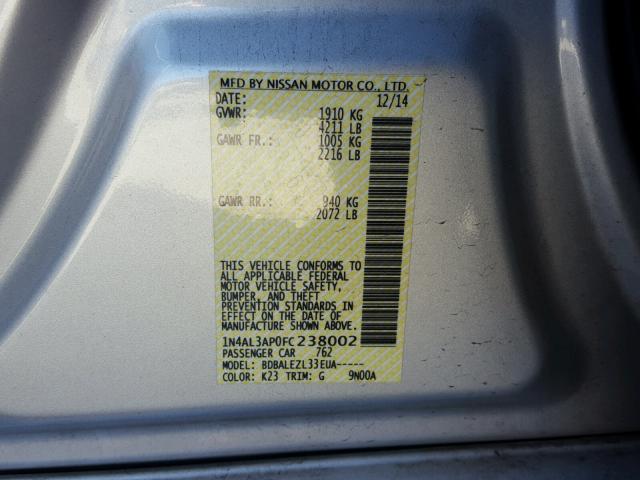 1N4AL3AP0FC238002 - 2015 NISSAN ALTIMA 2.5 SILVER photo 10