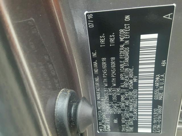 5TDJKRFH8GS318293 - 2016 TOYOTA HIGHLANDER ნაცრისფერი ფოტო 10