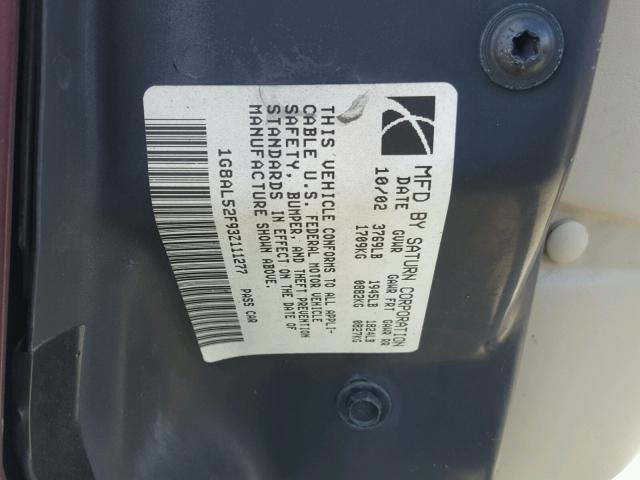 1G8AL52F93Z111277 - 2003 SATURN ION LEVEL MAROON photo 10