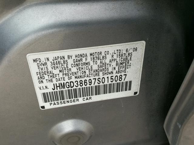 JHMGD38697S015087 - 2007 HONDA FIT S SILVER photo 10