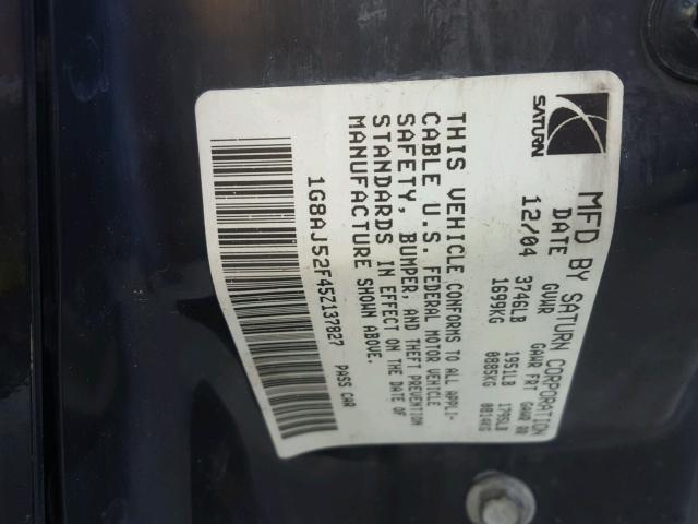 1G8AJ52F45Z137827 - 2005 SATURN ION LEVEL BLACK photo 10