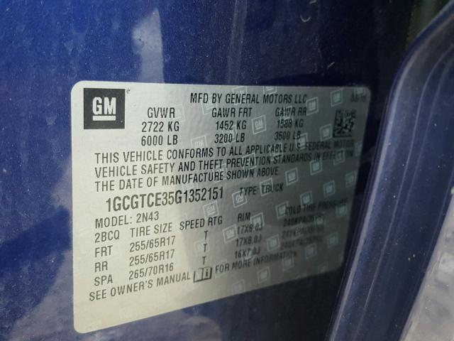 1GCGTCE35G1352151 - 2016 CHEVROLET COLORADO L BLUE photo 10