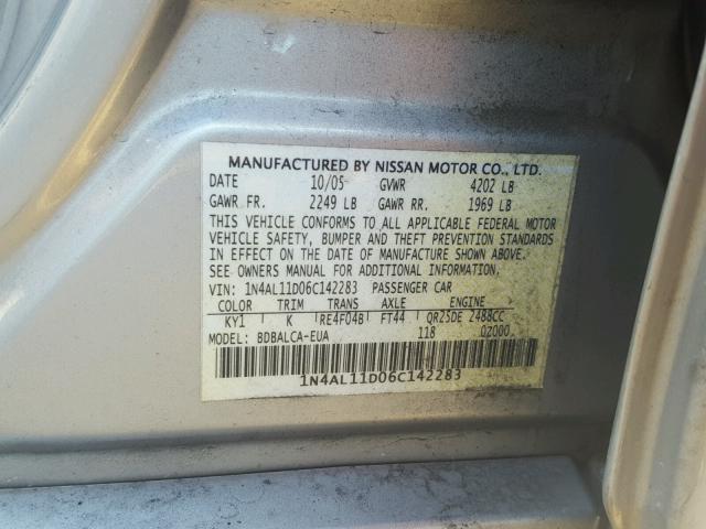 1N4AL11D06C142283 - 2006 NISSAN ALTIMA S SILVER photo 10