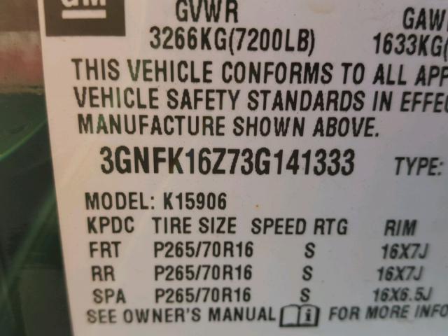 3GNFK16Z73G141333 - 2003 CHEVROLET SUBURBAN K BLACK photo 10